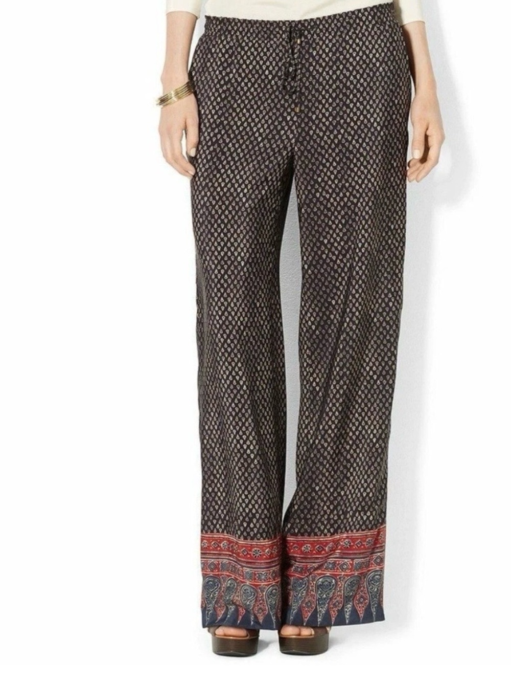 Ralph Lauren Black Wide-Leg Printed Pants with Red & Navy Hem size 4